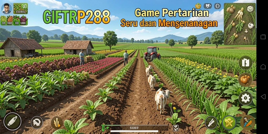Tampilan gameplay GIFTRP288 dengan ladang yang hijau dan tanaman subur.