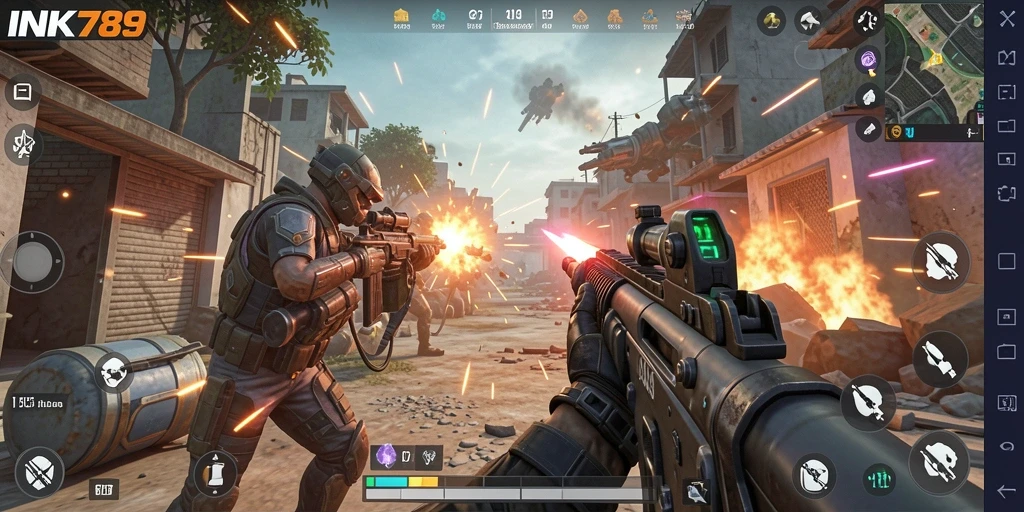 Screenshot menunjukkan aksi mendebarkan dalam game FPS INK789.