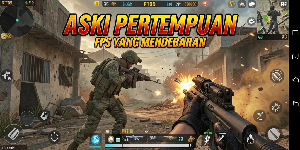 Screenshot utama RT99 menampilkan aksi gameplay FPS yang intens dan mendebarkan.