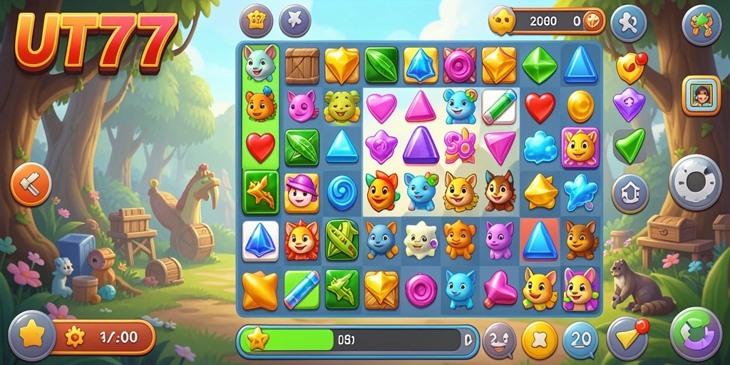 Tangkapan layar gameplay UT77 yang menampilkan keseruan mencocokkan buah-buahan.